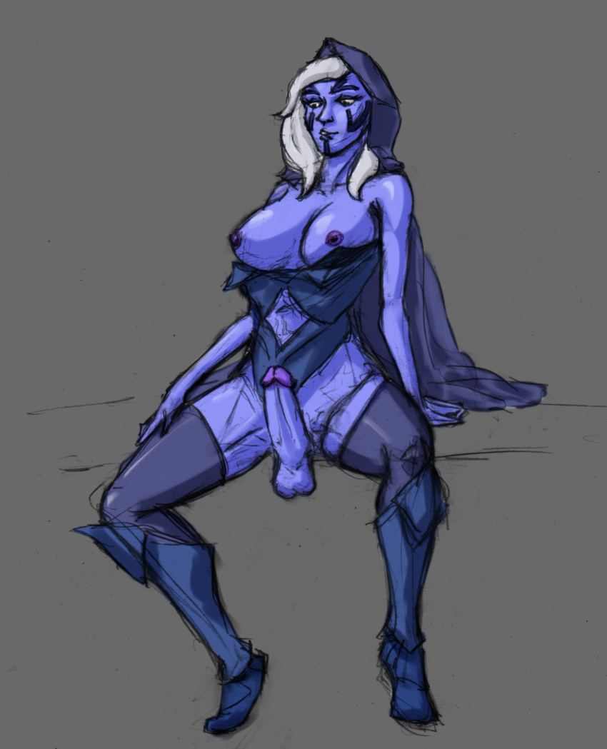 1futa balls blue_skin dave_river dota dota_2 drow_ranger futa_only futanari hood intersex penis solo thigh_boots white_hair