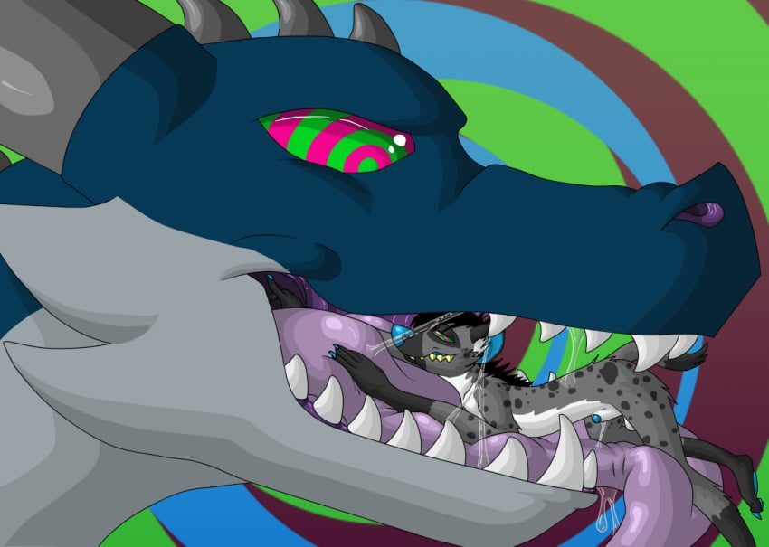 anthro blue_penis dragon drake_(character) drooling duo enigma furry horn hyena hypnosis male mammal mind_control penis psychosocial saliva scalie size_difference soft_vore spiral_eyes tongue vore western_dragon yaoi