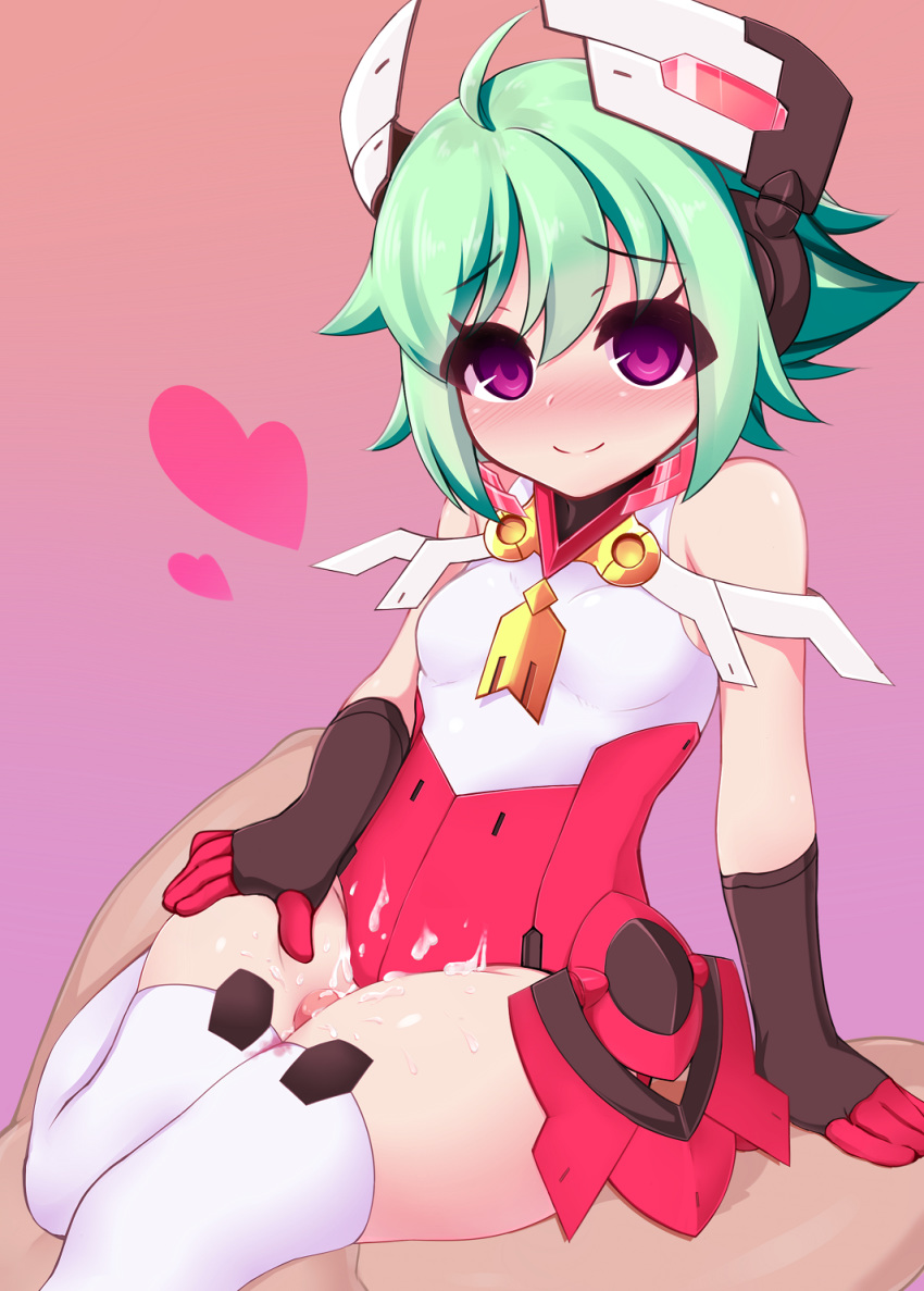 1boy ahoge arm_support azure_striker_gunvolt_2 bare_shoulders blush clothed_female_nude_male cum cum_on_body cum_on_clothes cum_on_lower_body elbow_gloves female gloves gradient gradient_background green_hair headgear heart highres kuro_mushi looking_at_viewer nose_blush nude outercourse penis purple_background purple_eyes roro_(gunvolt) short_hair smile solo_focus straight thigh_sex thighhighs uncensored