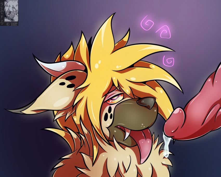 2015 animal_genitalia animal_penis anthro black_nose blonde_hair duo erection fluffy fur hair hair_over_eye half-closed_eyes hi_res horn hyena hypnosis luxuria male mammal mind_control multicolored_fur open_mouth penis precum rareel simple_background spiral_eyes teeth tongue tongue_out