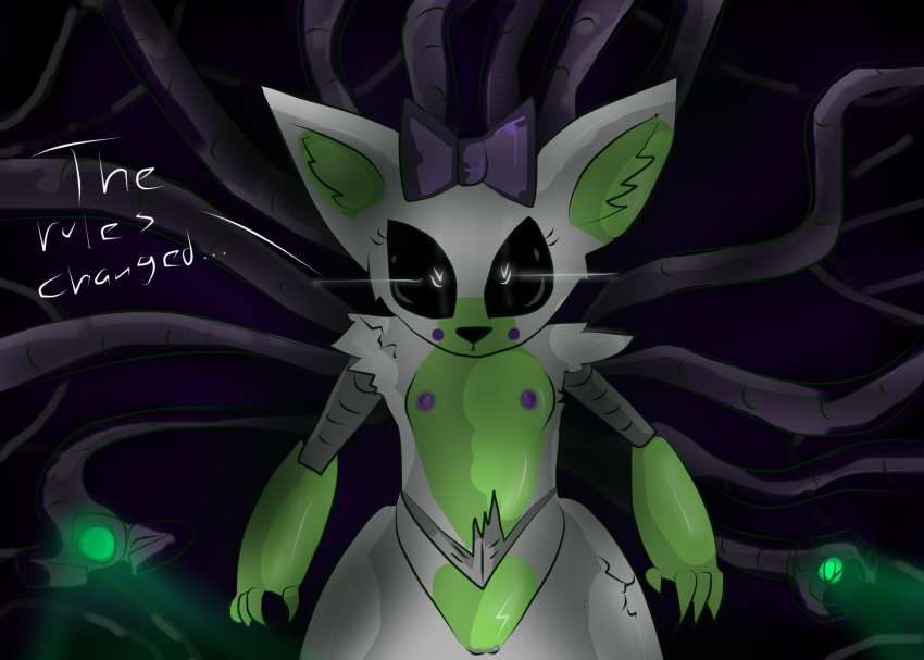 2016 4_fingers animatronic anthro black_nose blush breasts canine dialogue e-01_(artist) english_text female five_nights_at_freddy's five_nights_at_freddy's_world fox fur glowing glowing_eyes green_fur hair looking_at_viewer machine mammal nipples nude purple_nipples purple_pussy pussy robot simple_background small_breasts solo tangle_(fnaf) tentacle text video_games white_fur young