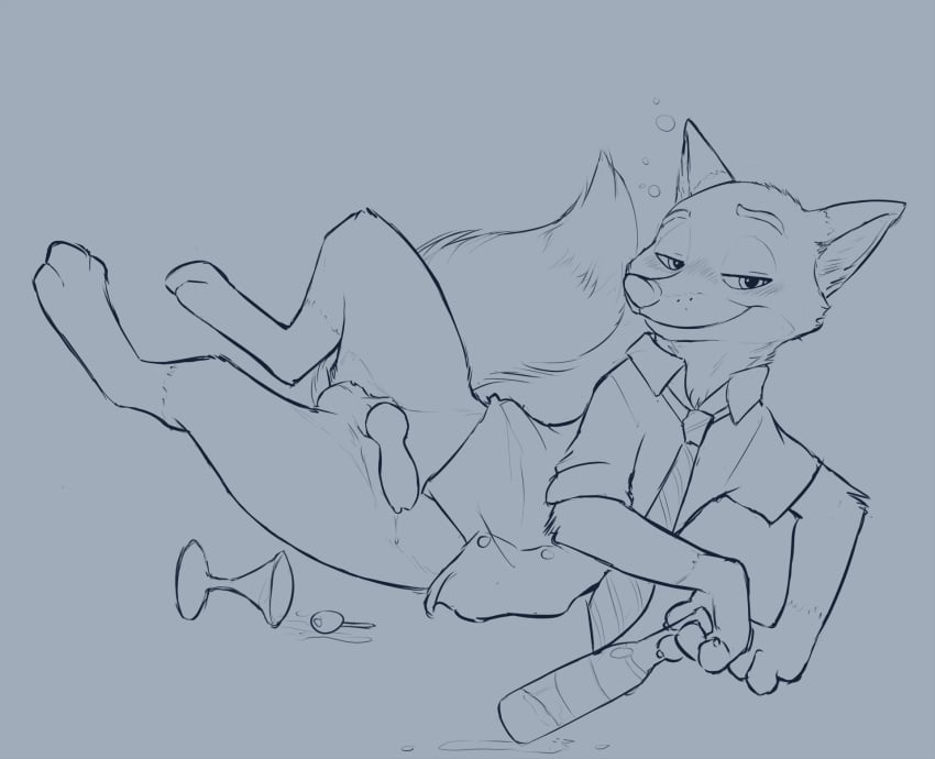 1boy anthro balls black_and_white bottomless canine clothed clothing cobaltsynapse disney fox male male_only mammal monochrome nick_wilde penis solo zootopia