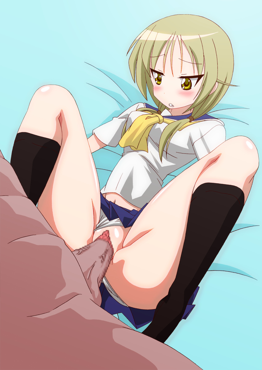 1boy blonde_hair blush censored clothed_sex female ichii_yui male navel panties panties_aside penis pussy school_uniform sex skirt spread_legs tatsuya_(guild_plus) tied_hair twintails underwear upskirt vaginal_penetration white_panties yellow_eyes yuyushiki