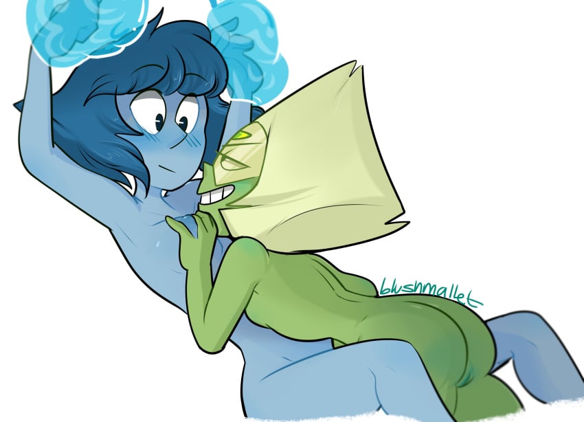 2girls ass blue_hair blue_skin blush blushmallet breast_grab breasts cartoon_network color female female_only gem_(species) green_skin lapidot lapis_lazuli_(steven_universe) multiple_girls peridot_(steven_universe) pussy smile steven_universe yuri