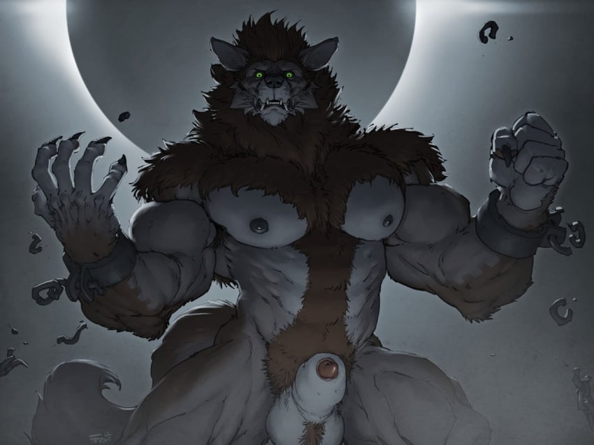 1boy abs animal_genitalia balls big_sheath body_hair canine chains claws forge_(artist) fur happy_trail looking_at_viewer male male_only mammal moon muscular muscular_male night nipples penis penis_tip shackles sheath solo were werewolf wolf