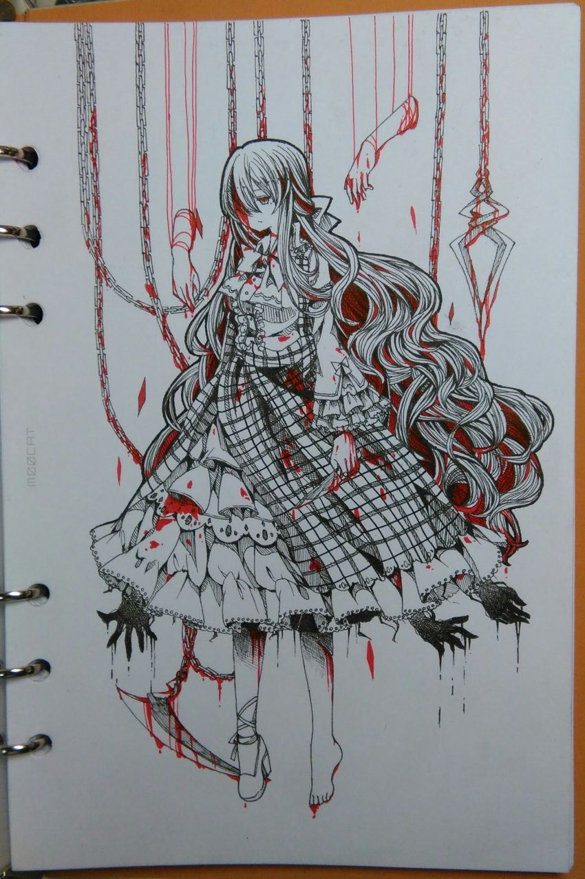 absurdres alternate_hair_length alternate_hairstyle blood blood_on_face blood_splatter bloody_clothes bloody_hands bloody_weapon blouse chains disembodied_limb female frilled_skirt frilled_sleeves frills full_body guro hair_between_eyes high_heels highres holding holding_weapon knife long_hair long_sleeves looking_down partially_colored red_eyes sad simple_background single_shoe skirt solo taizai_jing touhou very_long_hair weapon white_background yuka_kazami