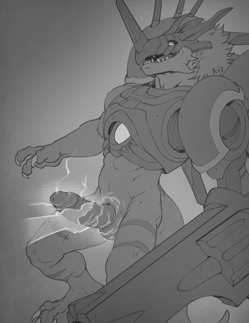 anthro balls cybernetics cyborg digimon disembodied_hand duo electricity erection forge_(artist) greyscale hi_res humanoid_penis machine male male_only monochrome nude open_mouth penis penis_grab pixelated retracted_foreskin rizegreymon scalie sharp_teeth solo_focus teeth uncut