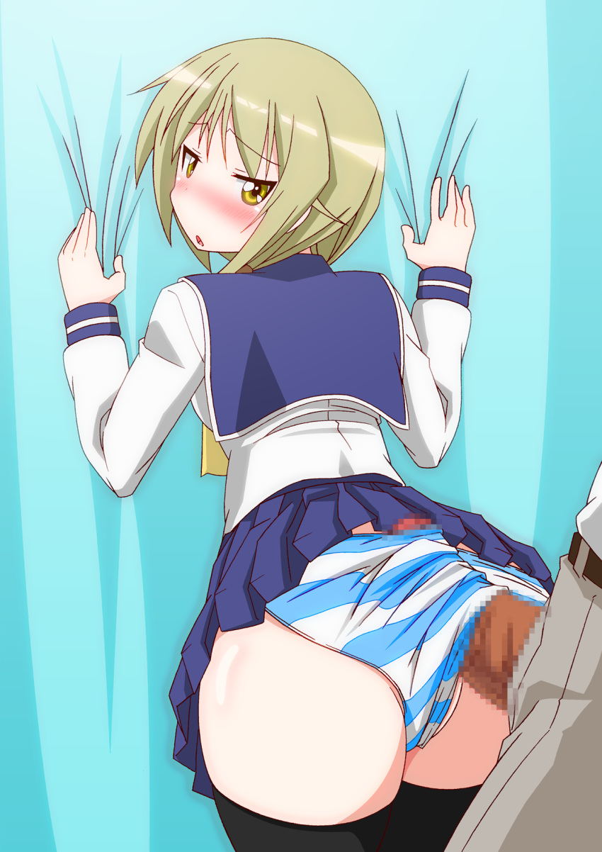 1boy black_legwear blonde_hair blue_panties buttjob censored female highres ichii_yui long_hair panties penis penis_caught_in_panties penis_in_panties penis_under_clothes school_uniform serafuku skirt straight striped striped_panties tatsuya_(guild_plus) thighhighs translated underwear yellow_eyes yuyushiki