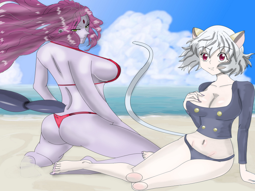 2girls artist_request ass beach belly big_breasts bikini bra breasts chimera_ant feet female female_only humanoid hunter_x_hunter large_breasts legs long_hair multiple_girls neferpitou pale-skinned_female pale_skin pink_hair purple_hair purple_skin scorpion_tail short_hair shounen_jump tail toes villainess white_hair zazan