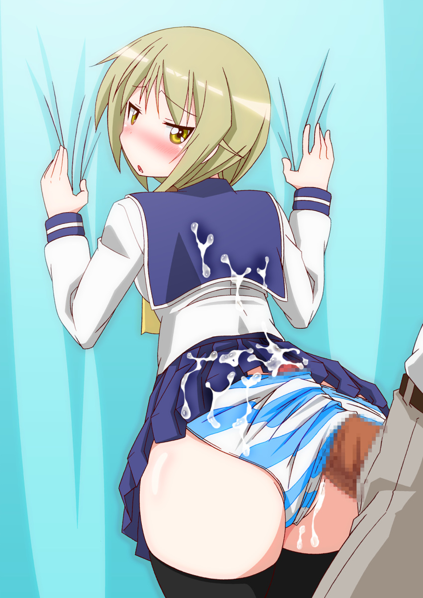 1boy black_legwear blonde_hair blue_panties blush buttjob censored cum cum_in_panties cum_on_clothes female highres ichii_yui long_hair outercourse panties pantyjob penis penis_caught_in_panties penis_in_panties penis_under_clothes school_uniform serafuku skirt skirt_lift striped striped_panties tatsuya_(guild_plus) text thighhighs translation_request underwear yellow_eyes yuyushiki