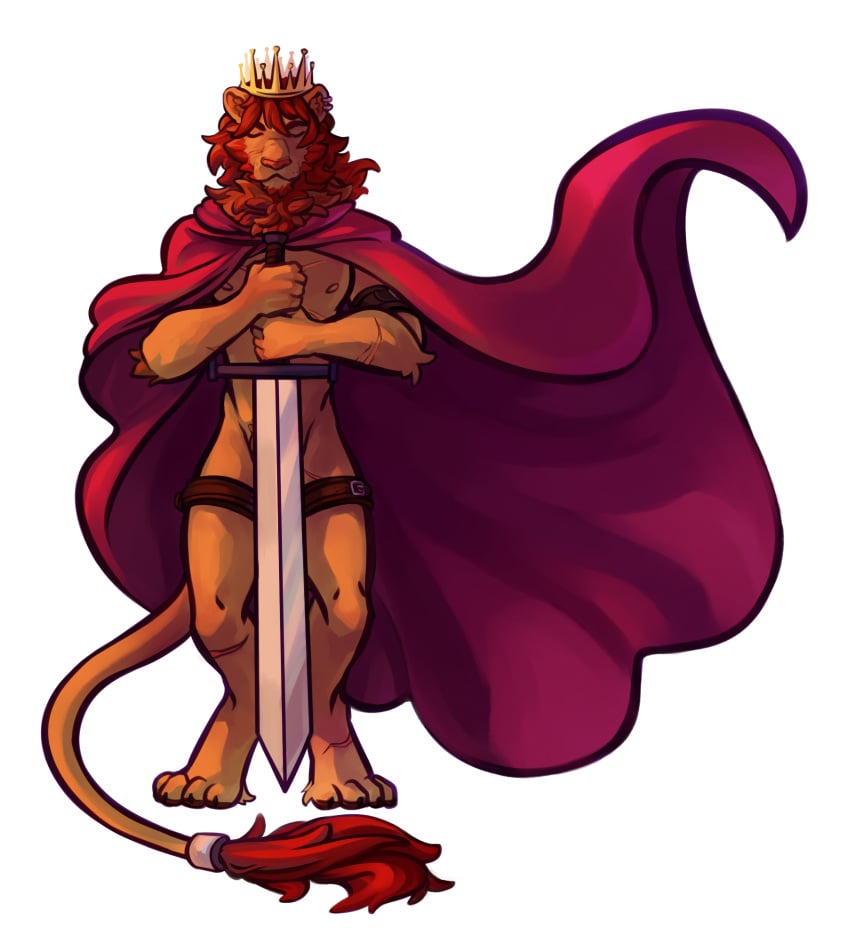 1boy 2016 abs anthro athletic biceps brown_fur cape clothing crown feline fur hair hi_res holding_object holding_weapon lion male male_only mammal melee_weapon muscular nipples nude pecs sieg simple_background solo standing sword weapon