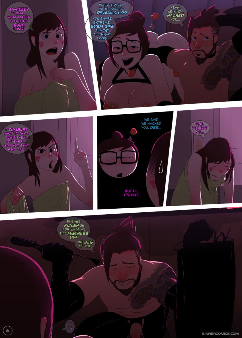 1boy 2girls bdsm beard black_hair blizzard_entertainment blush bodysuit bondage brown_eyes brown_hair chest comic d.va dialogue door english_text female glasses hanzo human male mei_(overwatch) multiple_girls night nipples no_bra open_mouth overwatch restained rope short_hair sillygirl sinner sinner_comics tagme tattoo text thick tied_up video_games