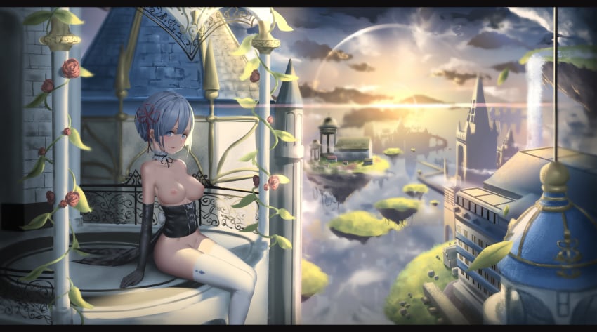 1girls blue_eyes blue_hair breasts building clouds corset elbow_gloves female female_only flowers gloves grass hk_(zxd0554) nipples nopan re:zero_kara_hajimeru_isekai_seikatsu rem_(re:zero) rose scenic short_hair sky solo sunset thighhighs