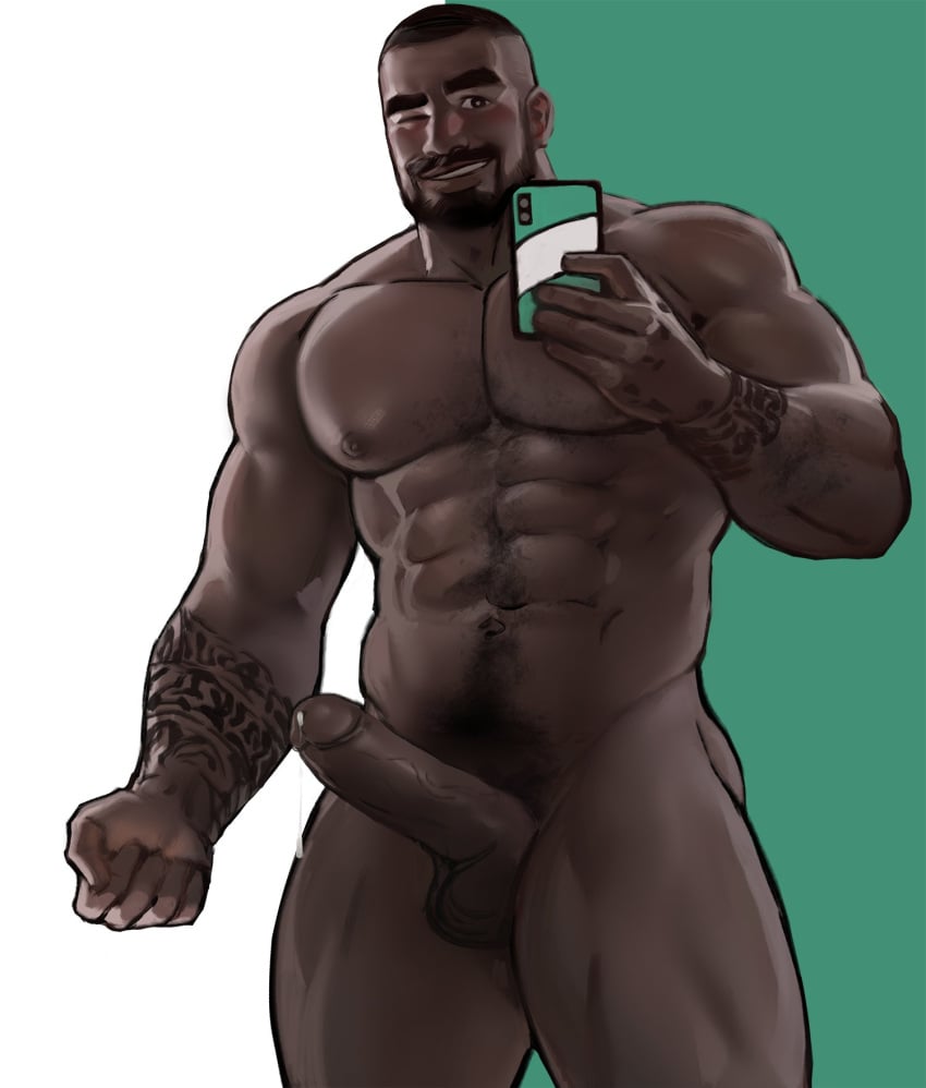 1boy abs arm_hair arm_tattoo bara beard black_tank_top blush chest_hair completely_nude dark-skinned_male dark_skin dopq erection facial_hair feet_out_of_frame highres holding holding_phone jang_ju_hyeon large_pectorals looking_at_viewer male male_focus male_only male_pubic_hair mature_male muscular muscular_male navel navel_hair nipples nude original pectorals penis phone pubic_hair selfie short_hair solo solo_male stomach tank_top tattoo thick_eyebrows thick_thighs thighs uncensored