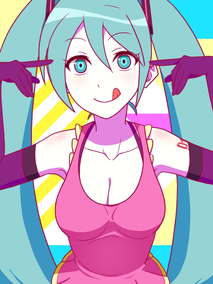 1girls aqua_eyes aqua_hair cleavage cosplay dress elbow_gloves female green_eyes hatsune_miku highres long_hair looking_at_viewer me!me!me! meme_(me!me!me!)_(cosplay) pink_dress sleeves smile solo tied_hair tongue tongue_out twintails vocaloid