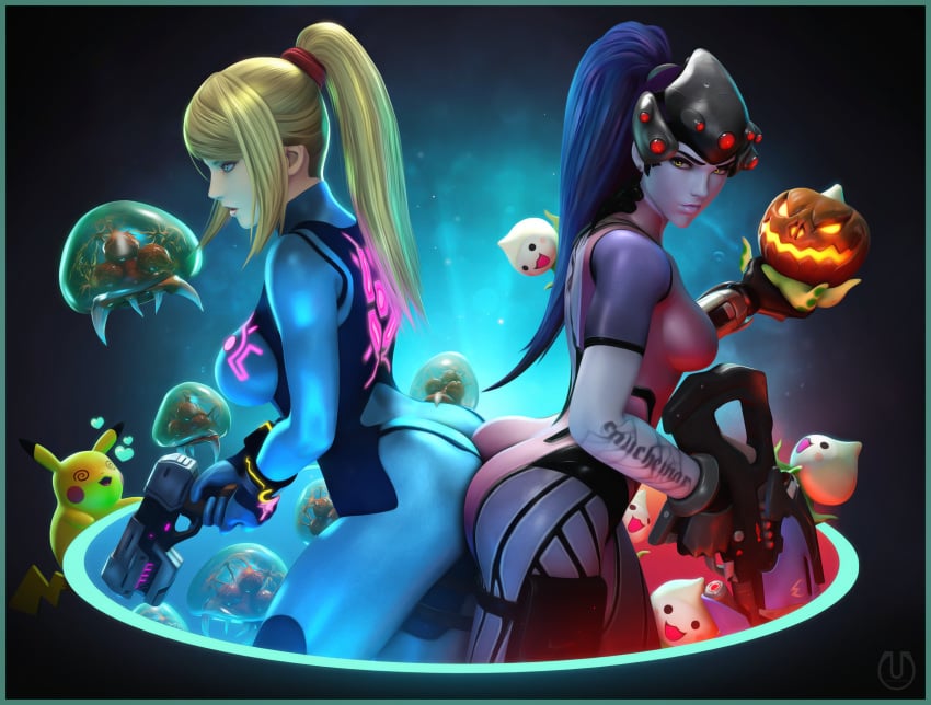 2girls 3d alien ambiguous_gender apple_butt ass ass_to_ass back banskinator blizzard_entertainment blonde_hair blue_background blue_eyes bodysuit breasts claws crossover female firearm furry green_eyes gun handgun heart hi_res holding_object holding_weapon human lipstick long_hair metroid metroid_(creature) nintendo overwatch pikachu pokémon_(species) pokemon ponytail portal portal_(object) pumpkin purple_hair purple_skin samus_aran skin_tight smile spiral_eyes text urbanator weapon widowmaker yuri zero_suit zero_suit_samus