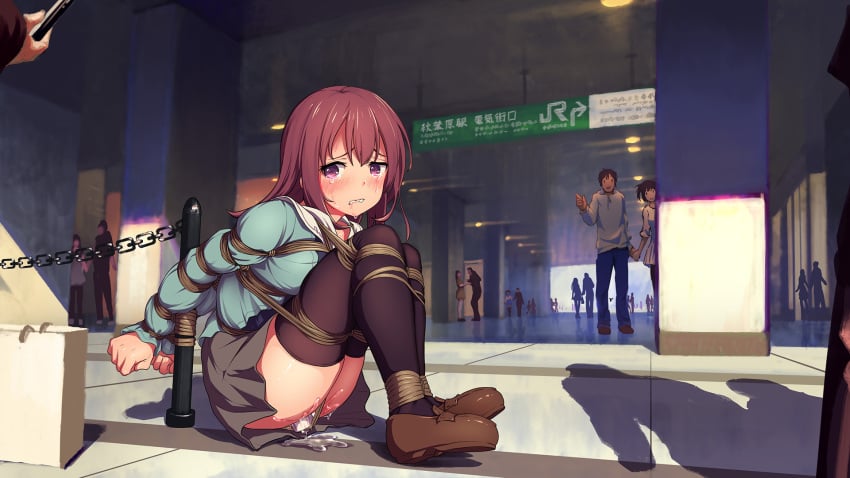 1boy 2girls akihabara_(tokyo) bag black_legwear blush bondage bound bound_arms bound_legs brown_hair chains crying crying_with_eyes_open day dildo directional_arrow dress gi(a)rlish_number highres holding_hands humiliation karasuma_chitose_(gi(a)rlish_number) knees_up legs_together loafers long_hair long_sleeves looking_at_viewer multiple_girls object_insertion pants parted_lips pointing purple_eyes pussy_juice restrained shadow shibari_over_clothes shoes sign sitting skirt smile solo_focus tears thighhighs tied_up tokinohimitsu