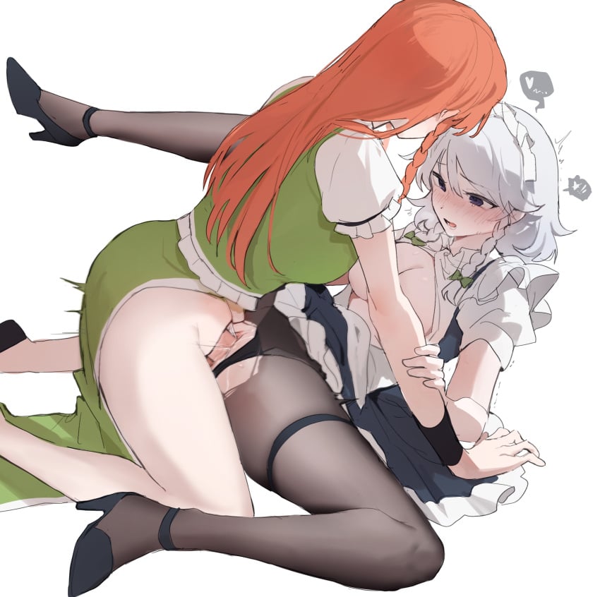 1futa 1girls absurdres apron blue_eyes blush boob_window bow braid breast breasts china_dress chinese_clothes commentary convenient_censoring dress from_side futa_on_female futa_with_female futanari green_vest grey_hair hair heart high_heels highres hong_meiling izayoi_sakuya kneeling korean_commentary light-skinned_female light-skinned_futanari light_skin long_hair maid maid_apron maid_headdress mostly_clothed motion_blur multiple_girls open_mouth puffy_short_sleeves puffy_sleeves pussy pussy_juice red_hair ribbon sakuya_izayoi sarukana sex short_hair short_sleeves simple_background skindentation spoken_heart spread_legs thigh_strap touhou twin_braids vaginal_penetration vest white_background