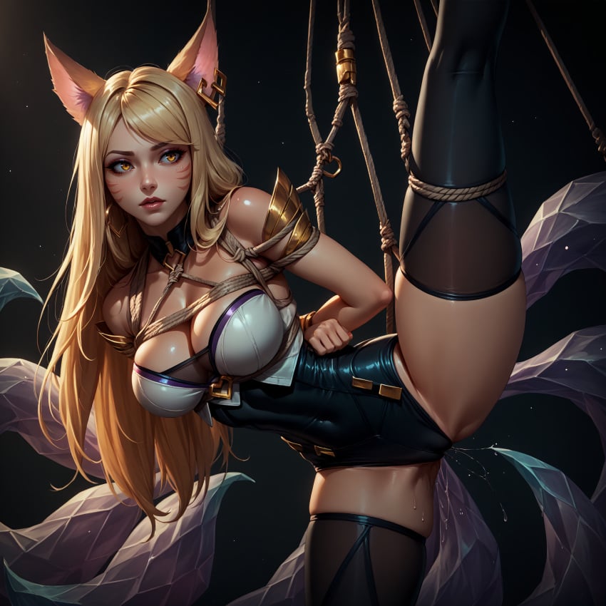 ahri ai_generated black_thighhighs blonde_hair bracelet cleavage earrings facial_markings fox_ears high_heels jewelry k/da_ahri large_breasts leotard leotard_under_clothes long_hair makeup multiple_tails neutral_expression pussy_juice rope rope_bondage spread_legs stable_diffusion suspension thighhighs yellow_eyes