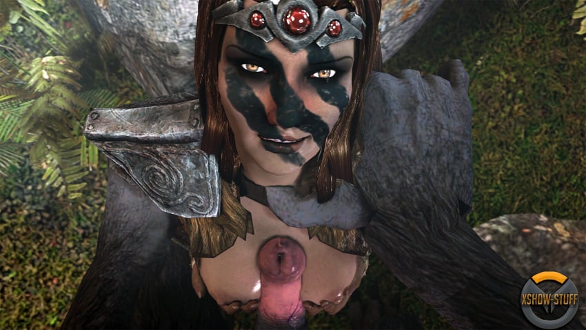 1boy 1girls 2018 3d aela_the_huntress against_tree armored_female breasts breasts_out canine_penis duo face_paint female male male/female nipples outdoors outside paizuri penis pov skyrim the_elder_scrolls video_games war_paint werewolf xshdw