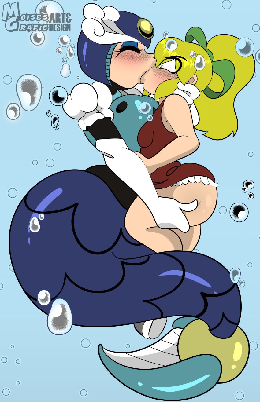 2girls angry_expression angry_face angry_kiss big_ass big_butt blonde_female blonde_hair breast_press color color_edit colored colored_sketch forced_kiss forced_yuri french_kiss mega_man mega_man(classic) moisesgrafic roll splash_woman tatakihaise_colors yuri