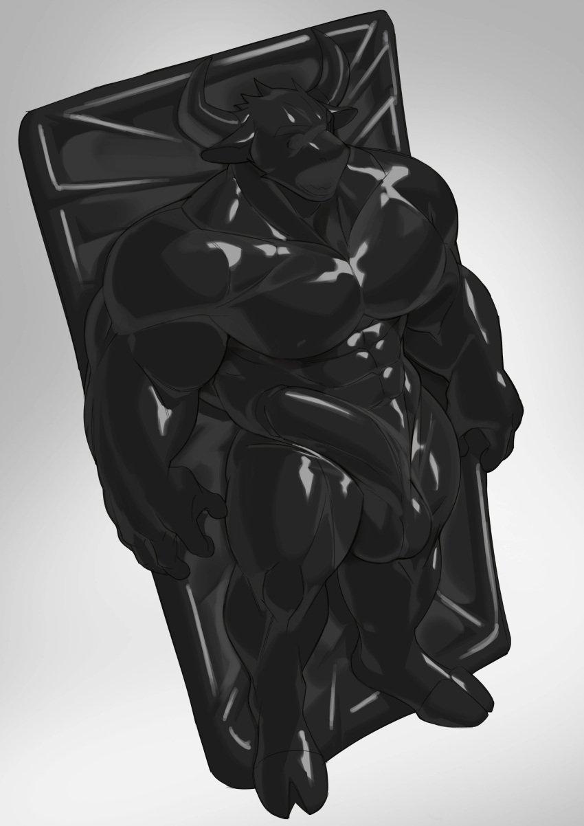 2023 2_horns abs absurd_res anthro balls barazoku biceps big_balls big_muscles big_penis biped black_latex bovid bovine bulge cattle curved_horn cxcxxcxxxx detailed_bulge genitals half-erect hi_res horn huge_muscles humanoid_genitalia humanoid_penis latex male mammal muscular muscular_anthro muscular_male muscular_sub pecs penis solo solo_male submissive submissive_anthro submissive_male vacuum_bed