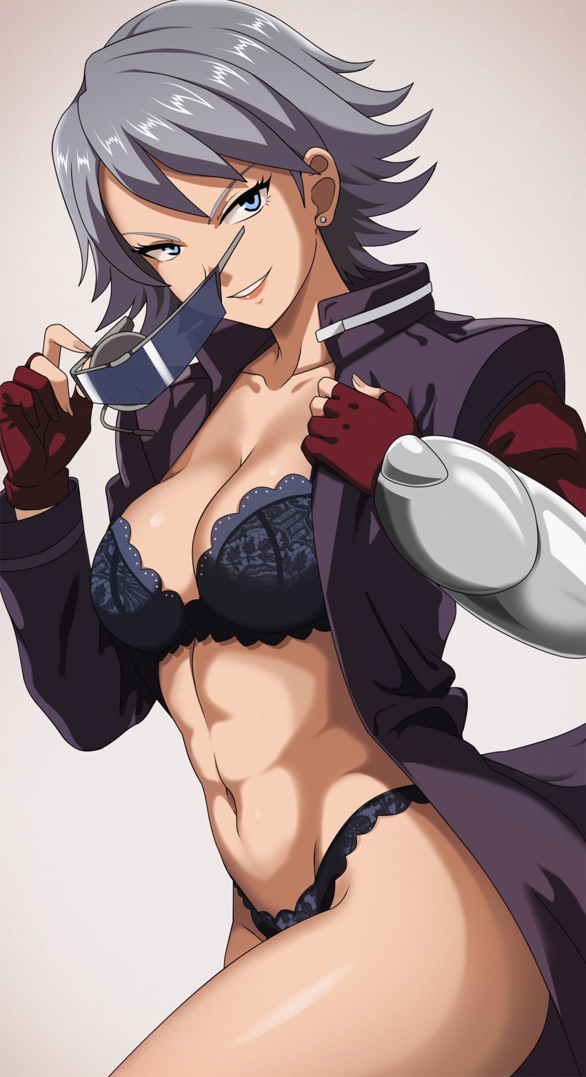 1girls abs absurdres adjusting_eyewear arm_cannon blue_eyes bra breasts cleavage coat female female_only fingerless_gloves gloves grey_hair grin highres j_(pokemon) jacket lace lace_bra lace_panties lingerie lipstick makeup medium_breasts navel open_clothes open_coat panties pokemon pokemon_(anime) pokemon_dppt_(anime) simple_background smile solo solo_female toned toned_female underwear undressing vivivoovoo weapon