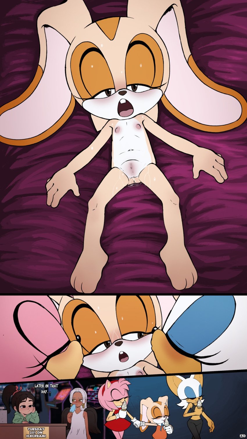 3girls after_sex amy_rose censored clothing comic cream_the_rabbit cub disney dress female_only flat_chest g_reaper ice_cream naked_female rouge_the_bat sega sonic_(series) sonic_the_hedgehog_(series) threesome vanellope_von_schweetz walt_disney_animation_studios wreck-it_ralph yuri