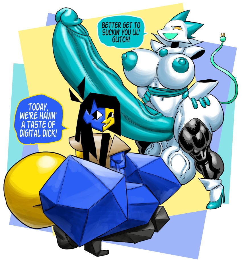 absurd_res anthro areola ass balls big_balls big_breasts big_butt big_penis black_eyes black_hair blue_areola blue_nipples boots breasts clothing crouching darkner deltarune duo ena english_text exclamation_point felid female floating_hands footwear ftg_crossgender fti_crossgender genitals goudadunn gynomorph hair hi_res high_heeled_boots high_heels huge_balls huge_breasts huge_butt huge_cock humanoid hyper hyper_balls hyper_genitalia hyper_penis intersex intersex/female looking_back machine mammal multicolored_body nipples penis robot rule_63 shoes smile speech_bubble tasque_manager text two_tone_body undertale_(series) vein veiny_balls white_body yellow_eyes