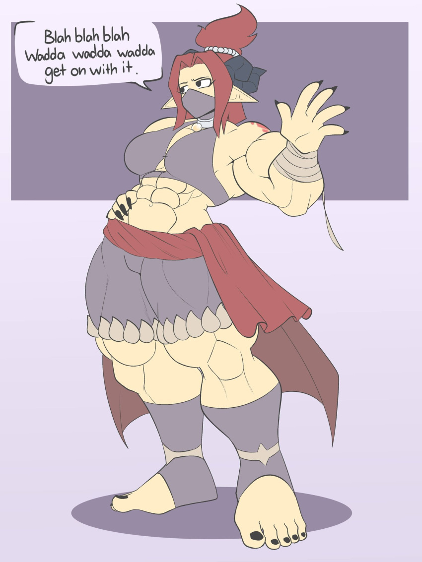 abs barefoot demon demon_girl demon_horns dialogue female female_focus female_only hand_on_hip magima_(tag-a-long) mask masked masked_female muscular muscular_arms muscular_female muscular_legs muscular_thighs original original_art original_artwork tag-a-long