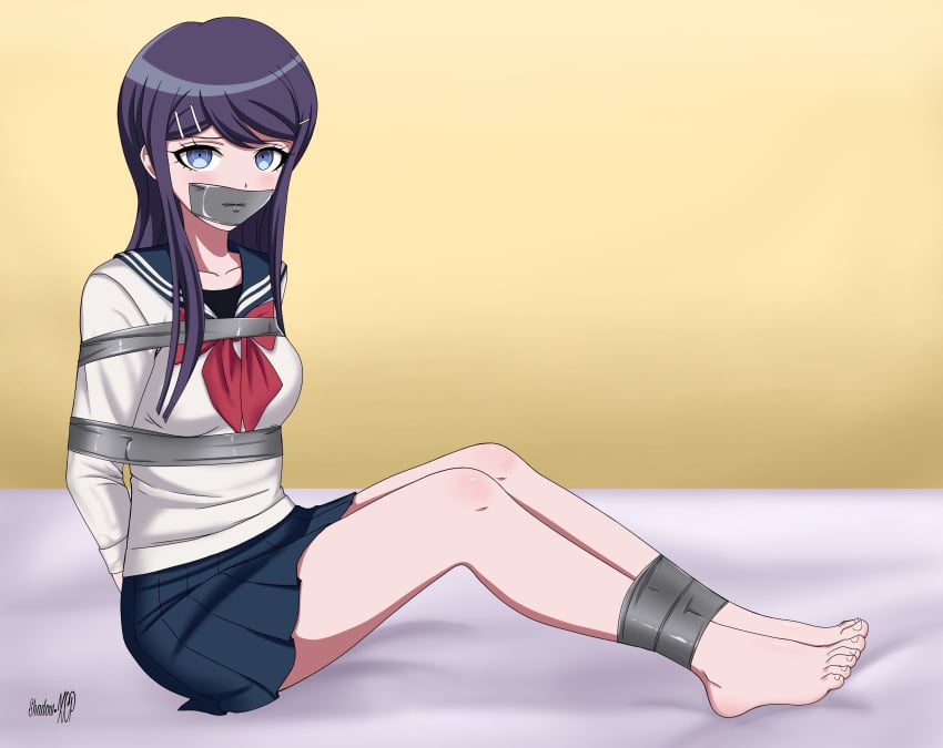 1girls arms_behind_back bare_legs barefoot blue_eyes blue_hair bondage bound_ankles bound_arms danganronpa danganronpa:_trigger_happy_havoc feet female_focus female_only gag gagged large_filesize maizono_sayaka on_bed school_uniform shadow-xcp skirt tape_gag tied_up