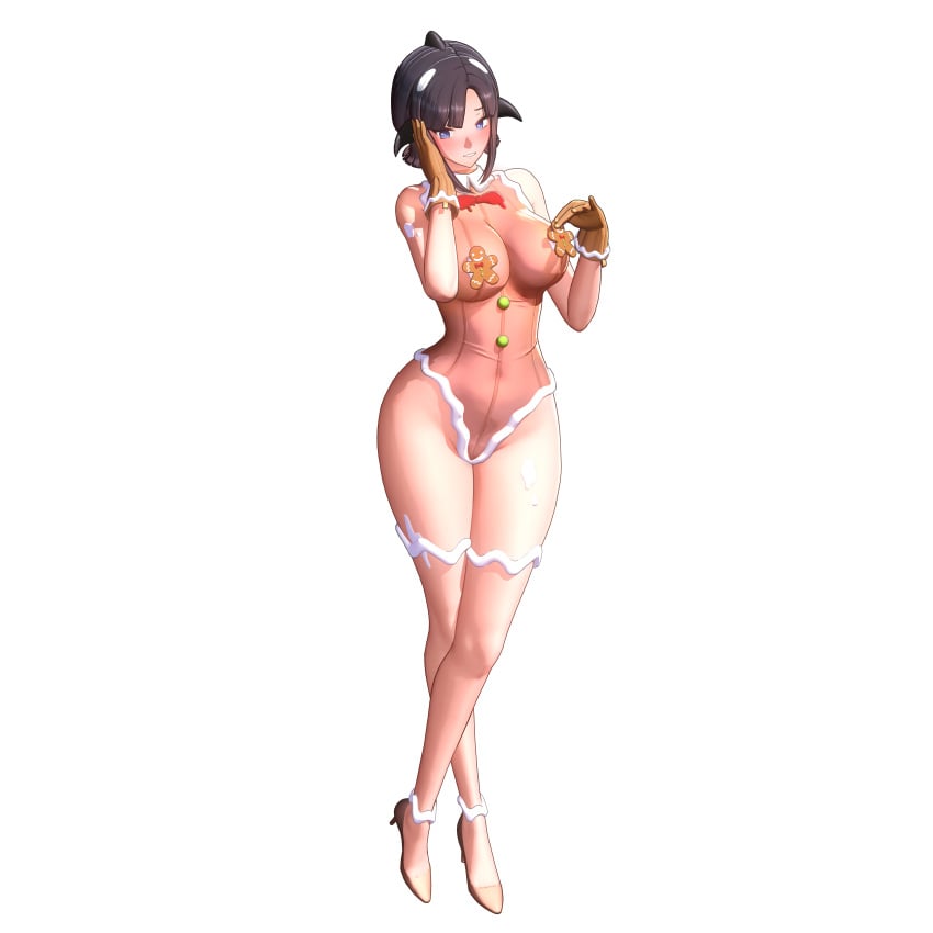 3d 3d_model alternate_costume bangs blue_eyes blush brown_hair christmas_outfit cream cream_on_body embarrassed full_body game_cg gloves hand_on_face hi_res highres hips horizon_walker horn horns juha_(horizon_walker) legs no_bra no_legwear no_panties no_socks official_art one-piece_swimsuit open_mouth pasties shoes short_hair simple_background sleeveless snow snow_on_body thick_thighs thighs wide_hips winter_clothes