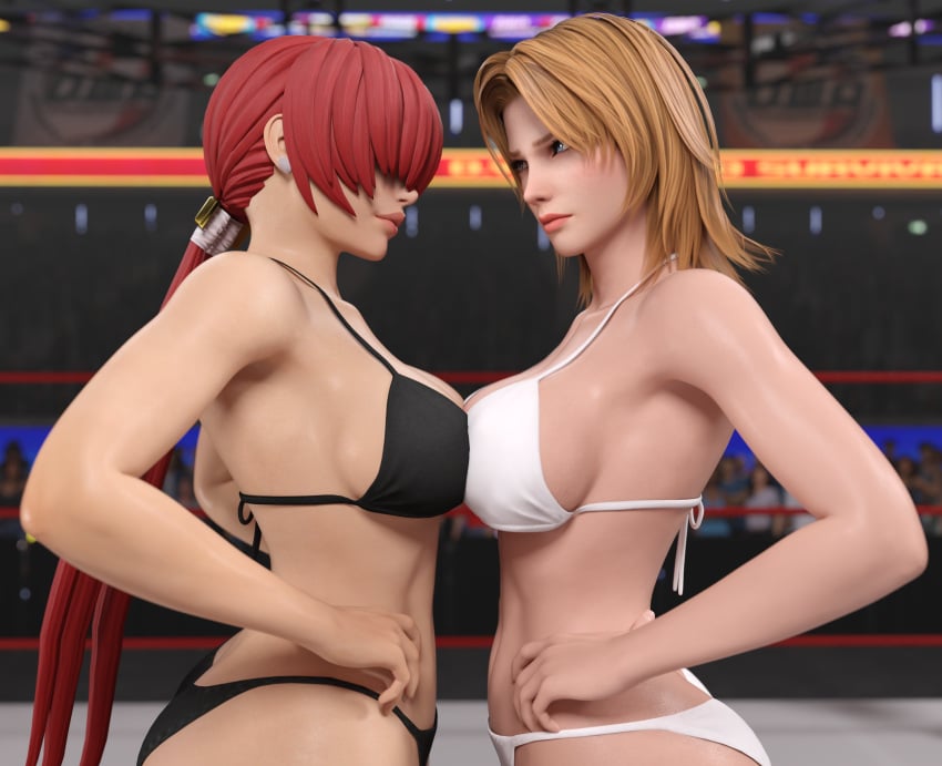 2girls bikini blonde blonde_hair breast_press breasts catfight crossover dead_or_alive female female_focus female_only king_of_fighters kof red_hair shermie_(kof) snk staredown symmetrical_docking tina_armstrong wrestling wrestling_ring yuri