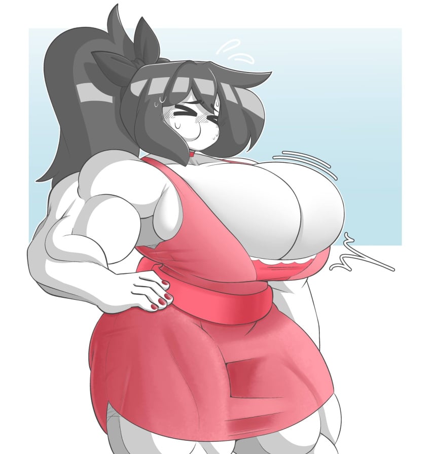 big_breasts breathing_in closed_eyes hand_on_hip holding_breath jiggle marie_(tag-a-long) mime mime_girl mouthless mouthless_female muscle muscle_girl muscles muscular muscular_arms muscular_female muscular_thighs noseless original original_art original_artwork ponytail puffed_cheeks red_dress red_nails small_dress sweating sweating_female tag-a-long worried