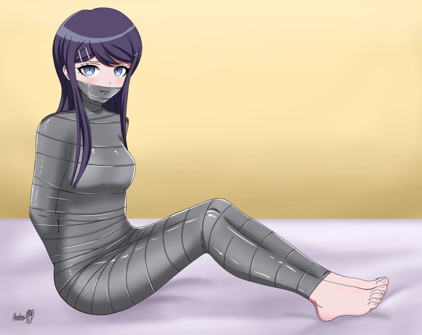 1girls barefoot blue_eyes blue_hair bound captured captured_heroine danganronpa danganronpa:_trigger_happy_havoc duct_tape feet female_focus female_only immobilization large_filesize maizono_sayaka mummification on_bed shadow-xcp submissive submissive_female tape tape_bondage wrapped