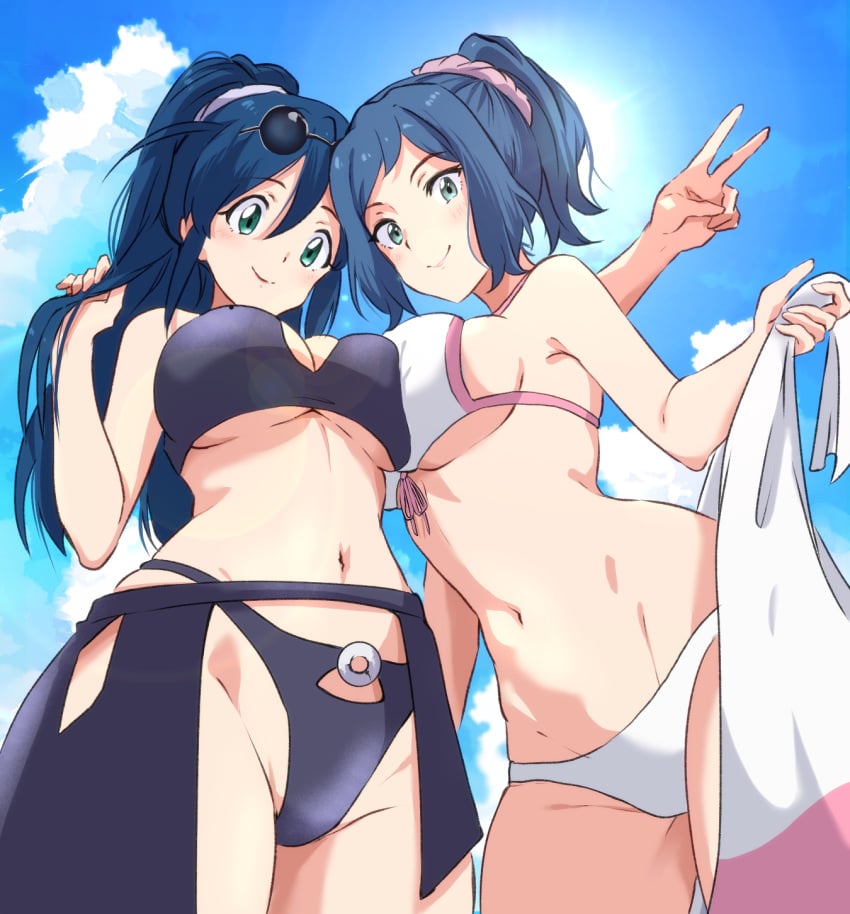 2girls aki_hinata arm_up asymmetrical_docking bikini black_bikini black_hair black_sarong blue_hair breast_press breasts cleavage cloud commission crossover eyewear_on_head from_below green_eyes groin gundam gundam_build_fighters highres hip_dips iori_rinko keroro_gunsou large_breasts long_hair looking_at_viewer looking_down mature_female mizuno374 multiple_girls navel outdoors ponytail sarong scrunchie skeb_commission sky smile stomach sunglasses swimsuit thighs v white_bikini white_sarong