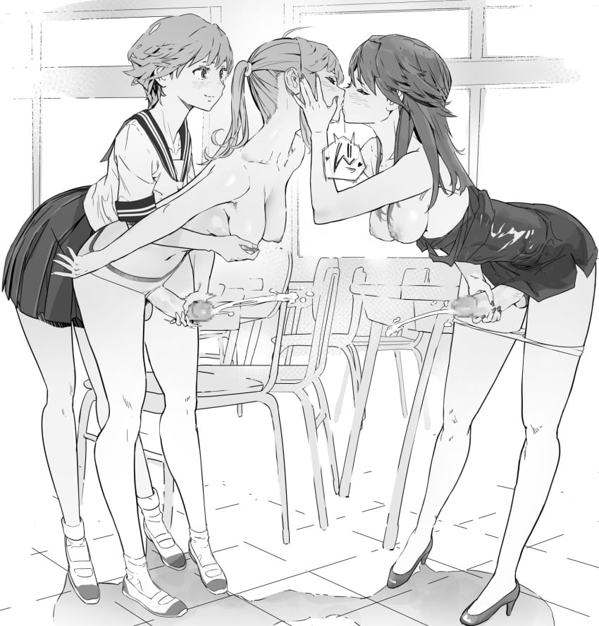 1girl 2futas 3girls blush breasts classroom cum dress full-package_futanari futa_with_female futa_with_futa futanari futanari_masturbation handjob high_heels high_ponytail highres kissing long_hair masturbation monochrome multiple_girls nipple_stimulation nipple_tweak original pleated_skirt school_uniform shiratama_(monster1553) short_hair skirt