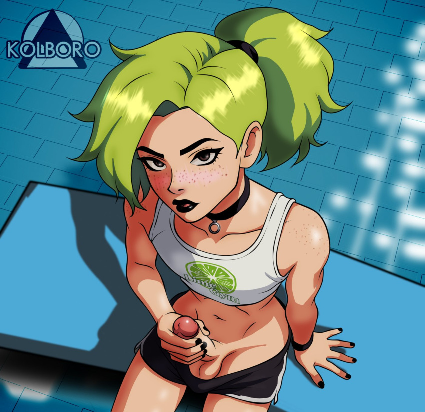 1boy brown_eyes choker crop_top erection femboy freckles from_above green_hair lipstick logo_on_shirt looking_at_viewer obarosa oc penis ponytail shorts solo sportswear testicles wristband