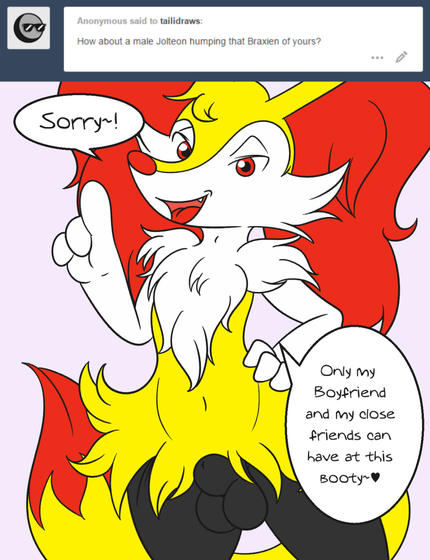 1boy animal_genitalia ask_blog braixen canine dialogue fangs femboy flat_colors front_view fully_sheathed furry hand_on_hip heart kurama_the_braixen looking_at_viewer male male_only mammal mrpandragon navel nintendo open_mouth original_character penis pokémon_(species) pokemon pokemon_(species) sheath solo speech_bubble standing talking_to_viewer testicles text tumblr video_games