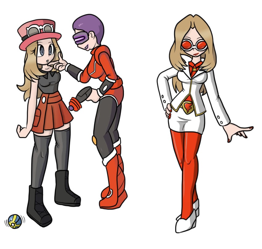 blonde_hair chaoscroc femsub glasses grey_eyes hat hypnosis mind_control nintendo pokemon team_flare visor white_background