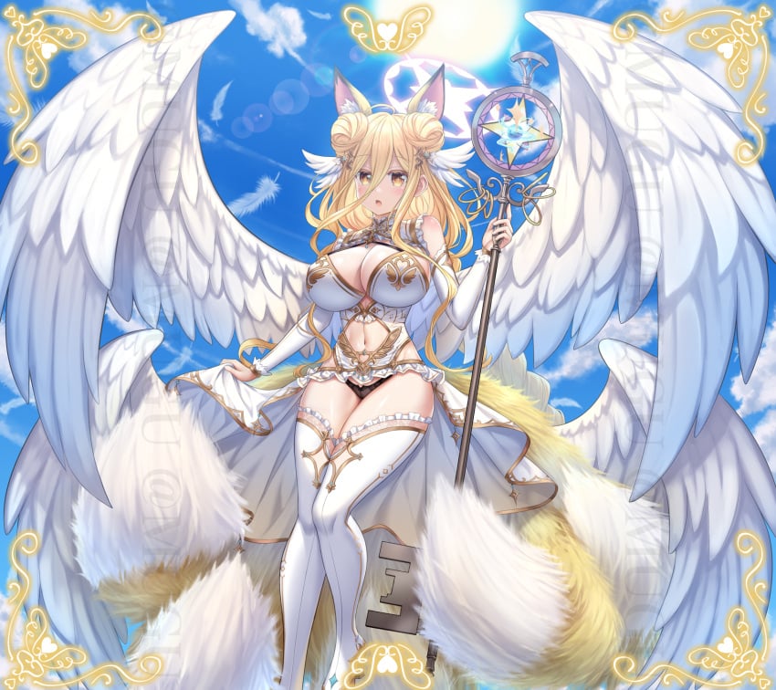 2d 2d_(artwork) angel angel_girl angel_wings belly belly_button big_breasts blonde_hair breasts date_a_live fox_ears hair_bun hoshimiya_mukuro light-skinned_female long_socks looking_at_viewer solo solo_female solo_focus thighs tsubasaki yellow_eyes