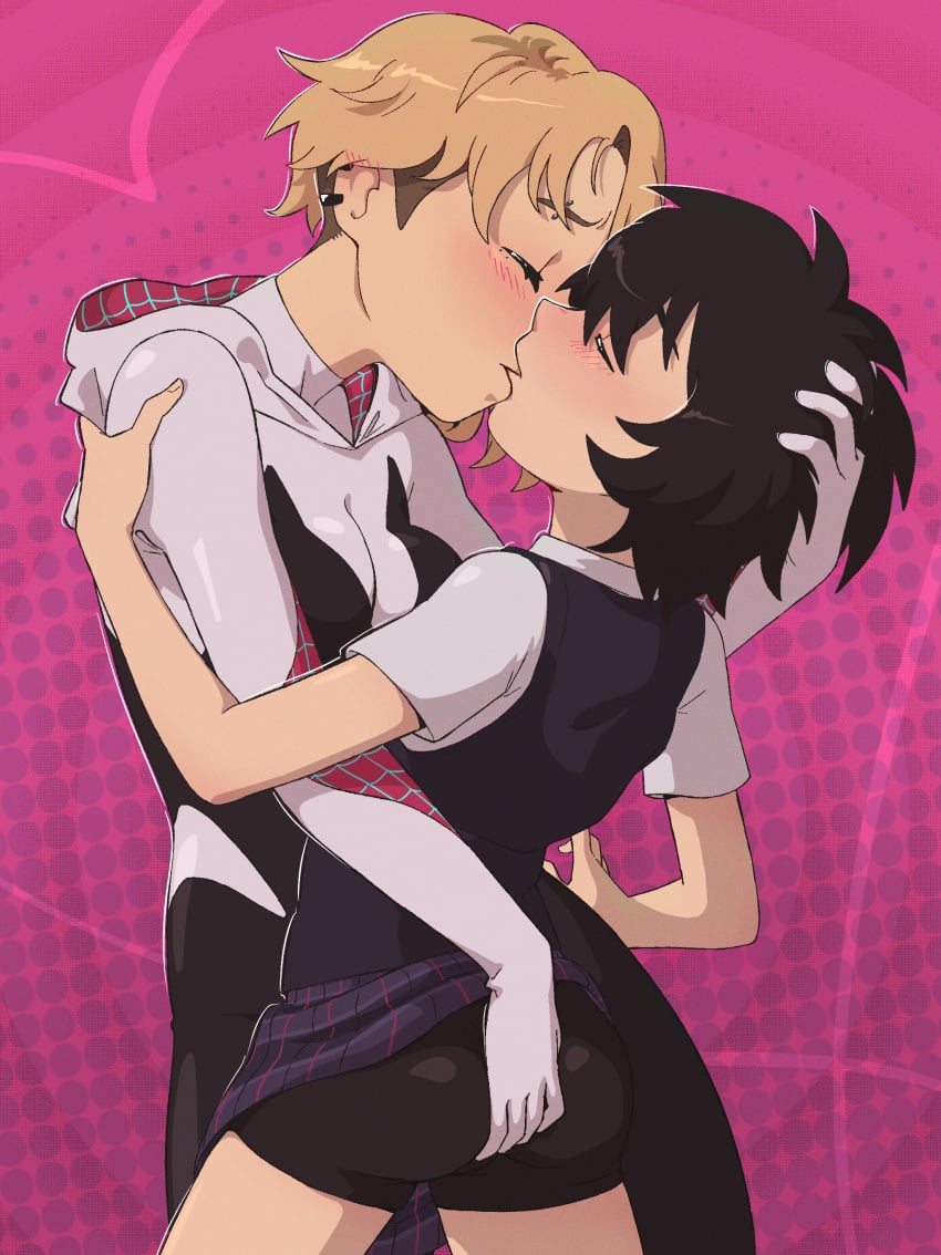 ass_grab female/female female_only grabbing_ass gwen_stacy gwen_stacy_(spider-verse) height_difference kissing lesbian_kiss marvel marvel_comics peni_parker piercing pinksaber school_uniform schoolgirl small_breasts smaller_female spider-gwen spider-man:_across_the_spider-verse spider-man:_into_the_spider-verse yuri