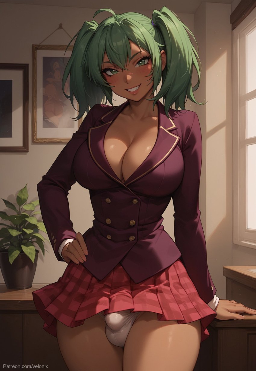 1futa ai_generated bare_breasts big_ass big_breasts big_penis blazer breasts bulge bulge_through_clothing cle, cleavage dark-skinned_female dark_skin dick dickgirl eyebrows eyelashes futa_only futanari green_eyes green_hair grin grinning grinning_at_viewer hand_on_hip ikkitousen indoors leaning leaning_back legs lips looking_at_viewer looking_down looking_down_at_viewer makeup medium_hair naked narrow_waist narrowed_eyes navel nipples nose nude panties penis ryofu_housen school_uniform seducing seductive seductive_eyes seductive_gaze seductive_look seductive_mouth seductive_pose seductive_smile short_hair skirt smile smile_at_viewer smiley_face smooth_balls smooth_penis smooth_skin solo solo_dickgirl solo_focus solo_futa solo_futanari teeth testicle testicles twintails velonix white_panties