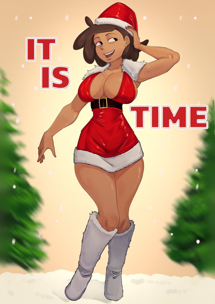 1girls amphibia big_breasts breasts brown_hair christmas christmas_outfit clothed clothing dark-skinned_female dark_skin disney disney_channel disney_xd ecchipoo english_text female female_focus female_only mature mature_female milf mother mrs._boonchuy oum_boonchuy solo_female