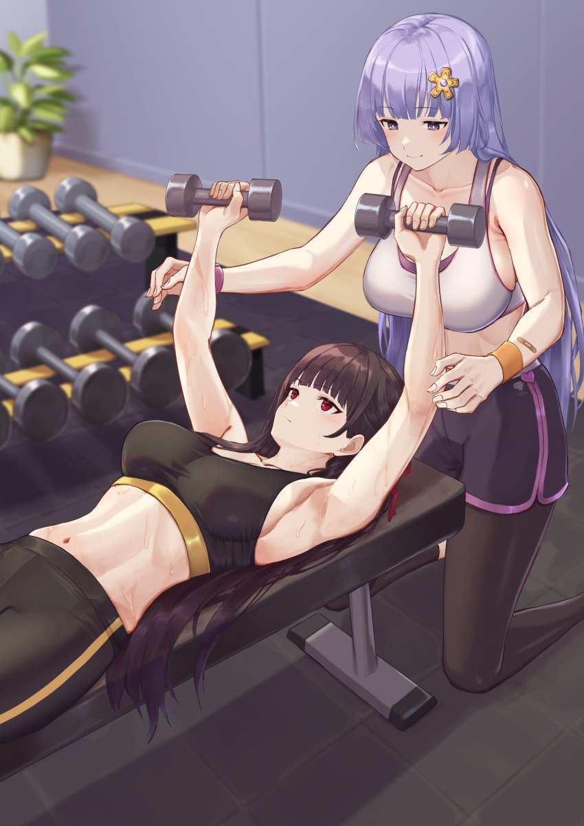 2d 2d_(artwork) 2girls ass belly belly_button big_breasts black_hair breasts cleavage commission date_a_live exercise exposed_torso grey_eyes grey_hair gym gym_clothes gym_shorts gym_uniform headwear izayoi_miku light-skinned_female long_hair medium_breasts red_eyes thighs tokisaki_kurumi weightlifting weights