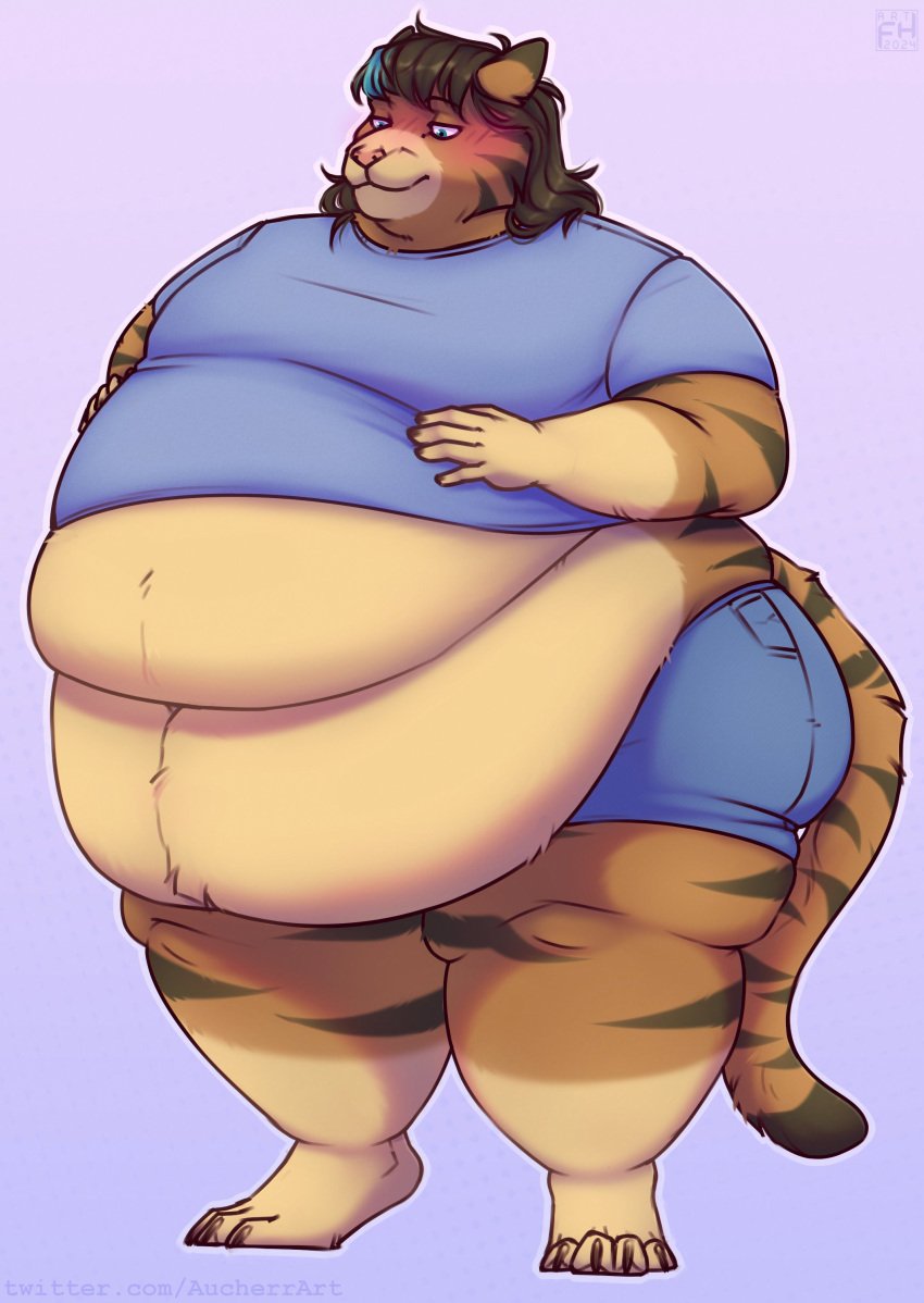 2024 absurd_res anthro aucherr bangs belly belly_rub big_belly black_claws black_hair black_stripes blue_bottomwear blue_clothing blue_eyes blue_hair blue_shorts blush bottomwear claws clothing felid fur hair hi_res huge_belly long_hair looking_at_self male mammal moobs morbidly_obese morbidly_obese_male multicolored_body obese obese_male orange_body orange_fur overweight overweight_male pantherine pink_nose shorts simple_background smile solo striped_body stripes tail tiger two_tone_body