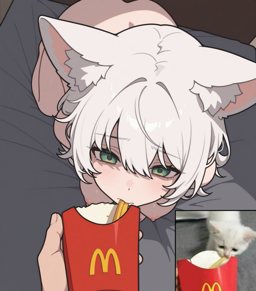 1girls 2024 ai_assisted cat_ears cat_girl eating female food_in_mouth fries from_above green_eyes hi_res holding_object large_breasts mcdonald's nipples on_all_fours on_bed pov reference_image short_hair silly_cats sleepy wheel_of_fortune_(director) white_hair