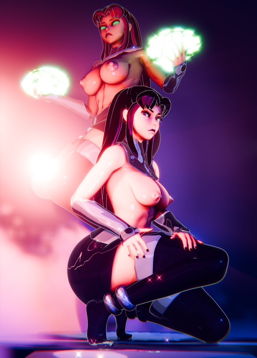 3d big_breasts black_hair blackfire breasts clothing dc_comics large_breasts leggings lordofpeaches medium_breasts nipple_piercing nipples oppai pinup red_hair sisters skirt starfire stockings superhero superheroine teen_titans