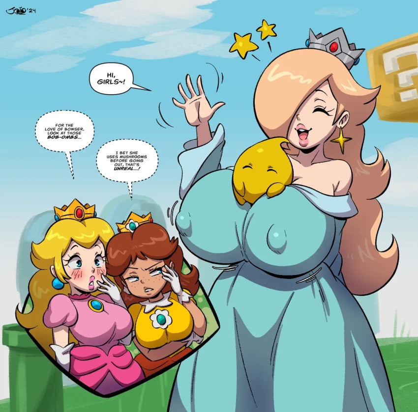 3girls big_breasts blonde_female blonde_hair joaoppereiraus luma mario_(series) nintendo nipples princess_daisy princess_peach princess_rosalina