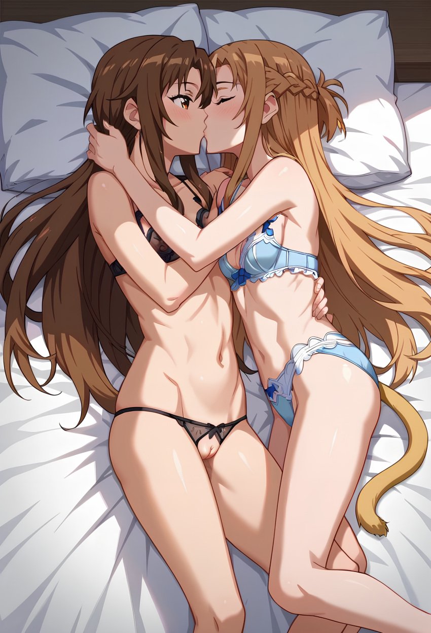 2girls ai_generated asuna bangs bare_shoulders bed bed_sheet bedroom black_bra black_panties blue_bra blue_panties blush bow_panties bra braid breasts brown_eyes brown_hair closed_eyes crotchless crotchless_panties eyebrows_visible_through_hair frilled_pillow futon heart_pillow indoors kissing long_hair looking_at_another lying medium_breasts multiple_girls navel on_back on_bed panties pillow pillow_grab pussy small_breasts sword_art_online underwear underwear_only very_long_hair yuri yuuki yuuki_asuna yuuki_asuna_(sao)